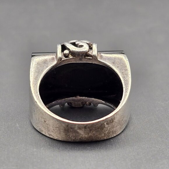 Sterling Silver 925 Black Onyx Statement Ring Size 8 Filigree Accent 8.68g - Picture 3 of 11